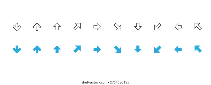 Down direction arrow icon set. Arrow icon set cursor arrow up down and symbol icons. Modern simple solid arrows collection web design, mobile apps, interface minimal flat, solid line left right top bottom direction path way media .