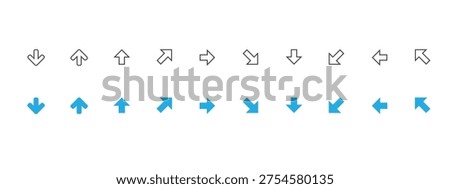 Down direction arrow icon set. Arrow icon set cursor arrow up down and symbol icons. Modern simple solid arrows collection web design, mobile apps, interface minimal flat, solid line left right top bottom direction path way media .
