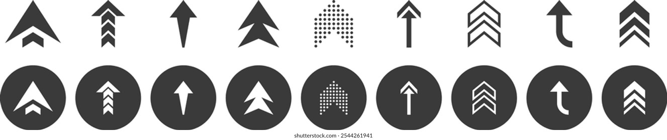 Up down direction solid and circular arrows icon collection. Set of cursor arrow icons for web button user interface vector illustration