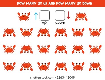 Up or down. Directions for kids. Cute cartoon red crabs. Logical game.