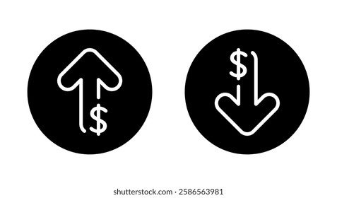 Up and down dollar arrow outline icon on black circle. Increase and decrease USD sign symbol