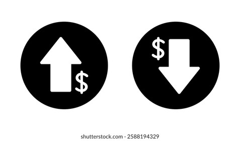 Up and down dollar icon on black circle. Increase and decrease USD currency sign symbol