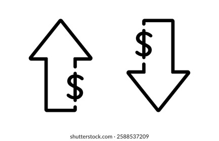 Up and down dollar outline icon. Lower and higher price arrow sign symbol