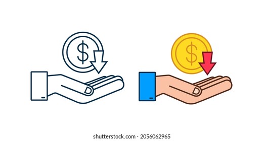 Signo de dólar bajo en manos con fondo blanco. Ilustración de material vectorial.