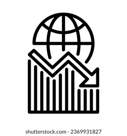 Down economic icon. Global with chart. Outline style. Vector. Isolate on white background.