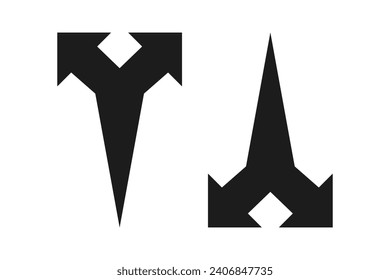 Up down elongated bursting fork arrows. A pair of two-directional y-shaped symbols. Isolated on a white background.