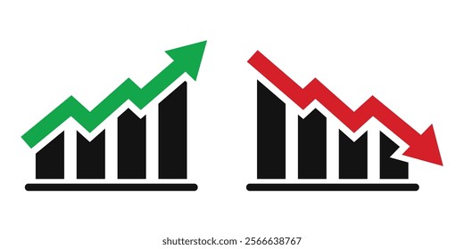 Up and down financial arrows with a mix of black, green, and red elements. Perfect for illustrating market trends, profit or loss tracking, stock exchange data, and corporate reporting visuals.