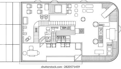 Down floor plan of a cafe with seating, kitchen, and counter floorplan