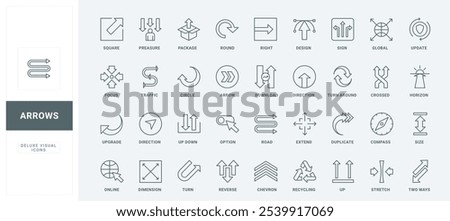 Up and down flow of progress, turn movement, direction to right and traffic sign, software update and upgrade options thin black outline symbols vector illustration. Arrow line icons set.