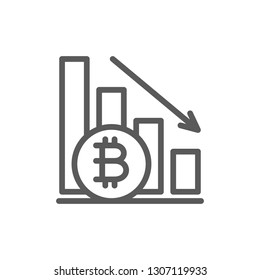 Down graph, bitcoin coin, cryptocurrency line icon.