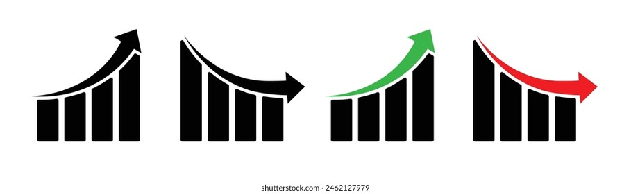 Nach oben und unten Graph-Vektorgrafik-Symbol-Set. Wachstums- und Abnahme-Zeichen. Wirtschaft Auf- und Abwärtssymbol. Auf- oder Abwärtstrend 
Balkendiagrammsymbol. Gewinn- und Verluststatistiken.