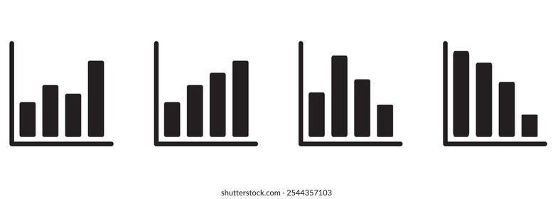 Diagramm-Vektorsymbolsatz nach oben und unten. Wachstum zu- und abnehmen. Symbol für Wirtschaftsaufstieg und -abschwung. Balkendiagramm-Symbol nach oben oder unten. Gewinn- und Verluststatistik.