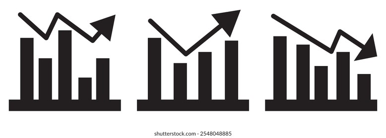 Diagramm-Vektorsymbolsatz nach oben und unten. Wachstumszunahme und -abnahme
