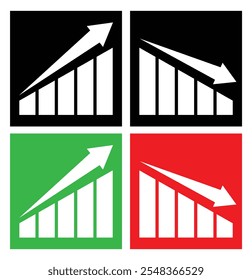 Diagramm-Vektorsymbolsatz nach oben und unten. Wachstumssteigerungszeichen. Symbol für Wirtschaftsaufstieg und -abschwung. Symbolsatz für Statistiken. Vektorillustrator. 