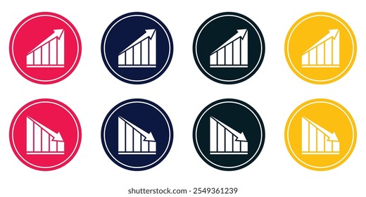 Diagramm-Vektorsymbolsatz nach oben und unten. Wachstum zu- und abnehmen. Symbol für Wirtschaftsaufstieg und -abschwung. Balkendiagramm-Symbol nach oben oder unten. Gewinn- und Verluststatistik.