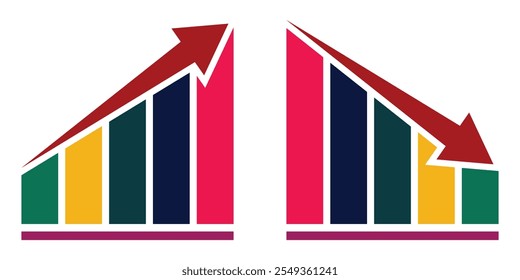 Diagramm-Vektorsymbolsatz nach oben und unten. Wachstum zu- und abnehmen. Symbol für Wirtschaftsaufstieg und -abschwung. Balkendiagramm-Symbol nach oben oder unten. Gewinn- und Verluststatistik.