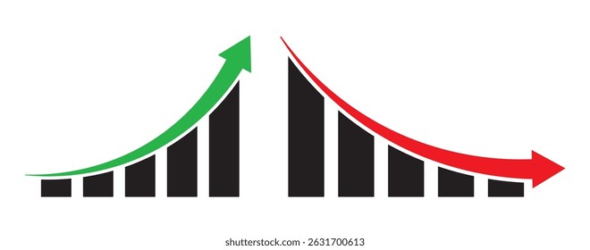 Gráfico acima e abaixo gráfico vetor ícone conjunto. crescimento aumentar e diminuir sinal. economia subir e declinar símbolo. Ícone de diminuição de aumento definido. ícone de vetor gráfico de seta para cima e para baixo verde e vermelho definido.  