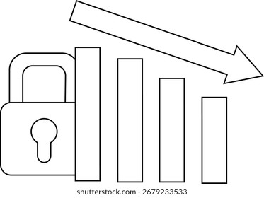 down graph icon and padlock icon with white background.with black lines