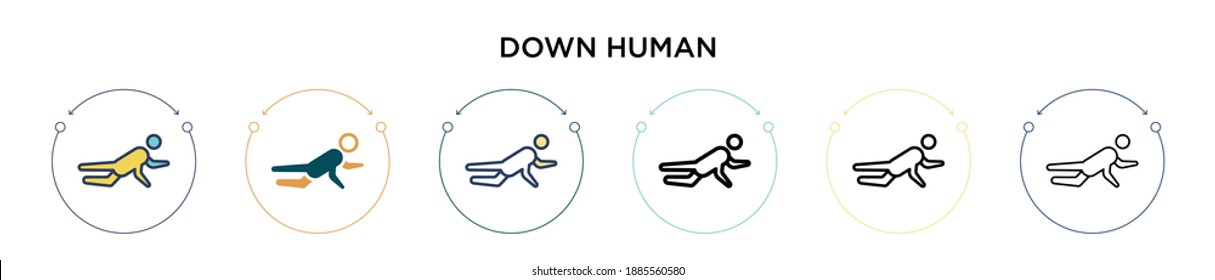 Down human icon in filled, thin line, outline and stroke style. Vector illustration of two colored and black down human vector icons designs can be used for mobile, ui, web