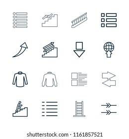 Down icon. collection of 16 down outline icons such as sweater, menu, stairs, man climbing stairs, arrow up, arrow. editable down icons for web and mobile.