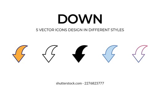 down Icon Design in Five style with Editable Stroke. Line, Solid, Flat Line, Duo Tone Color, and Color Gradient Line. Suitable for Web Page, Mobile App, UI, UX and GUI design.