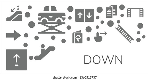 down icon set. 11 filled down icons.  Simple modern icons about  - Escalator down, Elevator, Next, Menu, Upload, Swipe right, Escalator, Ladder