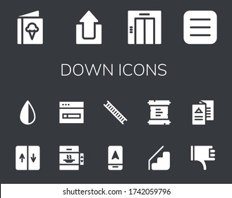 conjunto de iconos. 14 iconos rellenos. Menú incluido, Cargar, Ascensor, Negativo, Descarga, Flecha, Escalera, Escaleras, Desplazamiento, Miniaturas abajo iconos