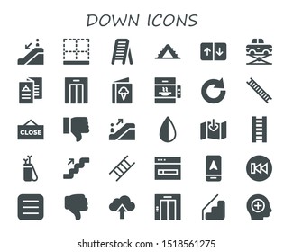 down icon set. 30 filled down icons.  Simple modern icons about  - Escalator down, Bottom, Ladder, Elevator, Menu, Lift, Redo, Close, Dislike, Escalator, Negative, Download, Arrow