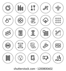 Down icon set. collection of 25 outline down icons with arrow, arrows, dislike, download, elevator, escalator down, escalator, lift, ladder, menu icons. editable icons.