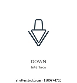 Down icon. Thin linear down outline icon isolated on white background from interface collection. Line vector sign, symbol for web and mobile