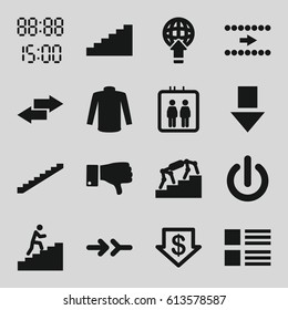 Down icons set. set of 16 down filled icons such as elevator, stairs, dollar down, sweater, dislike, man climbing stairs, switch off, arrow, digital time