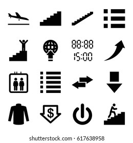 Down icons set. set of 16 down filled icons such as plane landing, elevator, stairs, dollar down, sweater, menu, man climbing stairs, switch off, digital time, arrow