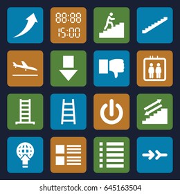 Down icons set. set of 16 down filled icons such as plane landing, elevator, ladder, stairs, menu, man climbing stairs, switch off, arrow, digital time, arrow up, dislike