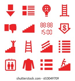 Down icons set. set of 16 down filled icons such as elevator, ladder, dollar down, sweater, menu, man climbing stairs, digital time, stairs, man on stairs