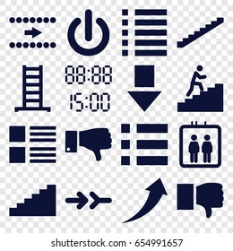 Down icons set. set of 16 down filled icons such as elevator, ladder, stairs, dislike, menu, man climbing stairs, switch off, arrow, digital time, arrow up