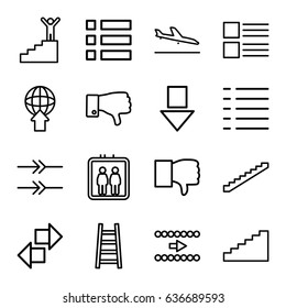Down icons set. set of 16 down outline icons such as plane landing, elevator, stairs, ladder, dislike, menu, arrow, man on stairs, arrow down