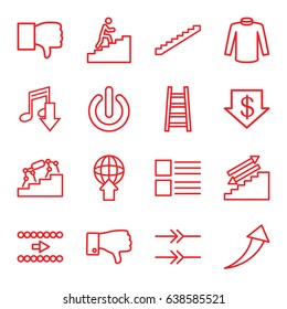 Down icons set. set of 16 down outline icons such as stairs, dollar down, sweater, ladder, dislike, man climbing stairs, switch off, arrow, menu, arrow up, globe download