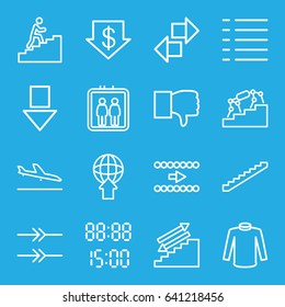 Down icons set. set of 16 down outline icons such as plane landing, elevator, stairs, dollar down, sweater, menu, man climbing stairs, arrow, digital time