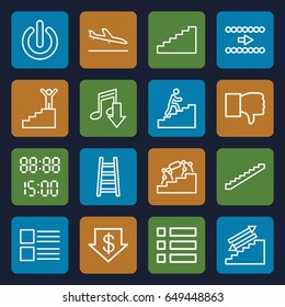 Down icons set. set of 16 down outline icons such as plane landing, stairs, dollar down, ladder, man climbing stairs, switch off, digital time, dislike, menu, man on stairs