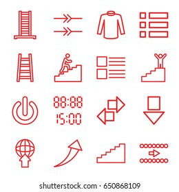 Down icons set. set of 16 down outline icons such as ladder, sweater, man climbing stairs, switch off, arrow, digital time, menu, stairs, man on stairs, arrow up, arrow down