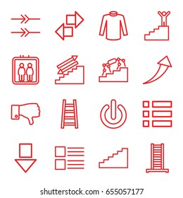 Down icons set. set of 16 down outline icons such as elevator, ladder, sweater, dislike, switch off, arrow, menu, stairs, man on stairs, arrow up