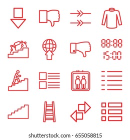 Down icons set. set of 16 down outline icons such as elevator, sweater, ladder, dislike, menu, man climbing stairs, arrow, digital time, stairs, arrow down