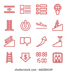 Down icons set. set of 16 down outline icons such as plane landing, elevator, ladder, dollar down, man climbing stairs, switch off, digital time, dislike, menu, man on stairs