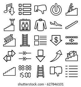 Down icons set. set of 25 down outline icons such as plane landing, elevator, ladder, stairs, sweater, dislike, menu, man climbing stairs, switch off, arrow, digital time