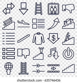 Down icons set. set of 25 down outline icons such as plane landing, elevator, ladder, stairs, dollar down, sweater, dislike, menu, man climbing stairs, switch off, arrow
