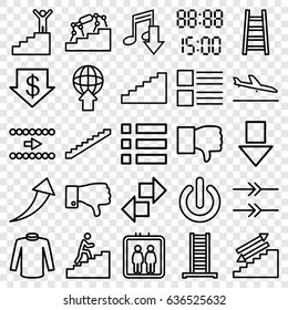 Down icons set. set of 25 down outline icons such as plane landing, elevator, ladder, stairs, dollar down, sweater, dislike, man climbing stairs, switch off, arrow