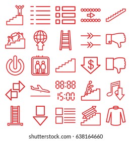 Down icons set. set of 25 down outline icons such as plane landing, elevator, ladder, stairs, dollar down, sweater, dislike, menu, man climbing stairs, switch off, arrow