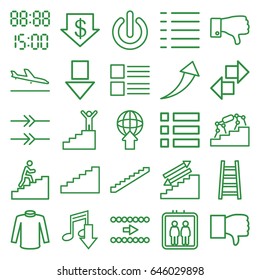 Down icons set. set of 25 down outline icons such as plane landing, elevator, stairs, dollar down, sweater, ladder, dislike, menu, man climbing stairs, switch off, arrow