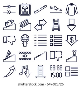 Down icons set. set of 25 down outline icons such as plane landing, elevator, ladder, stairs, dollar down, sweater, dislike, menu, man climbing stairs, arrow, digital time