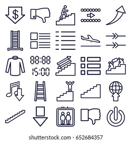 Down icons set. set of 25 down outline icons such as plane landing, elevator, ladder, stairs, dollar down, sweater, dislike, menu, man climbing stairs, switch off, arrow